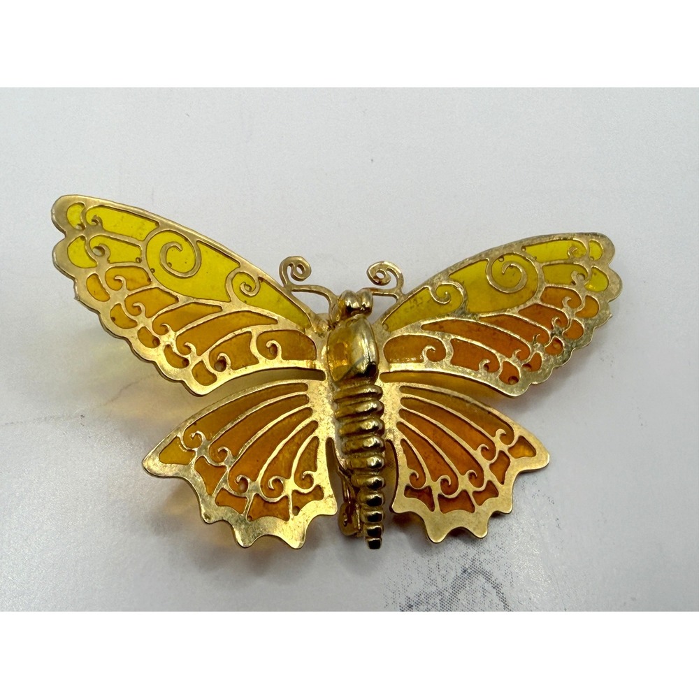 Vintage Gold Tone Butterfly Brooch Yellow Amber Lucite Wings